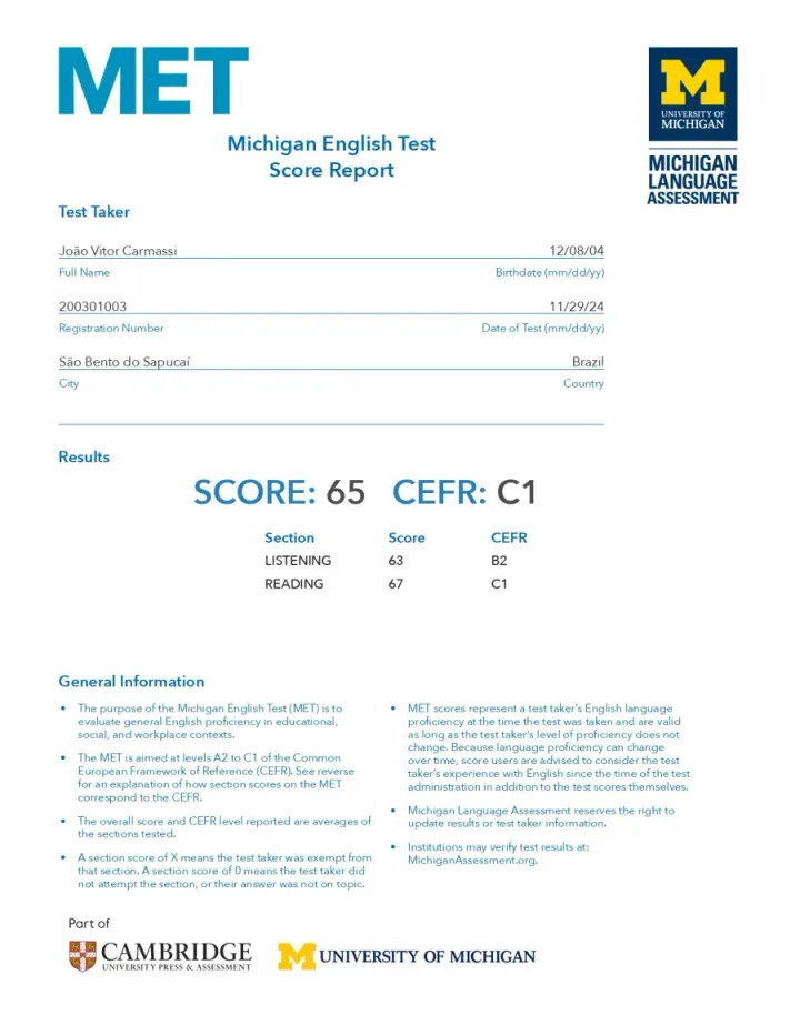 Avaliações de idiomas de Cambridge Michigan – MET C1