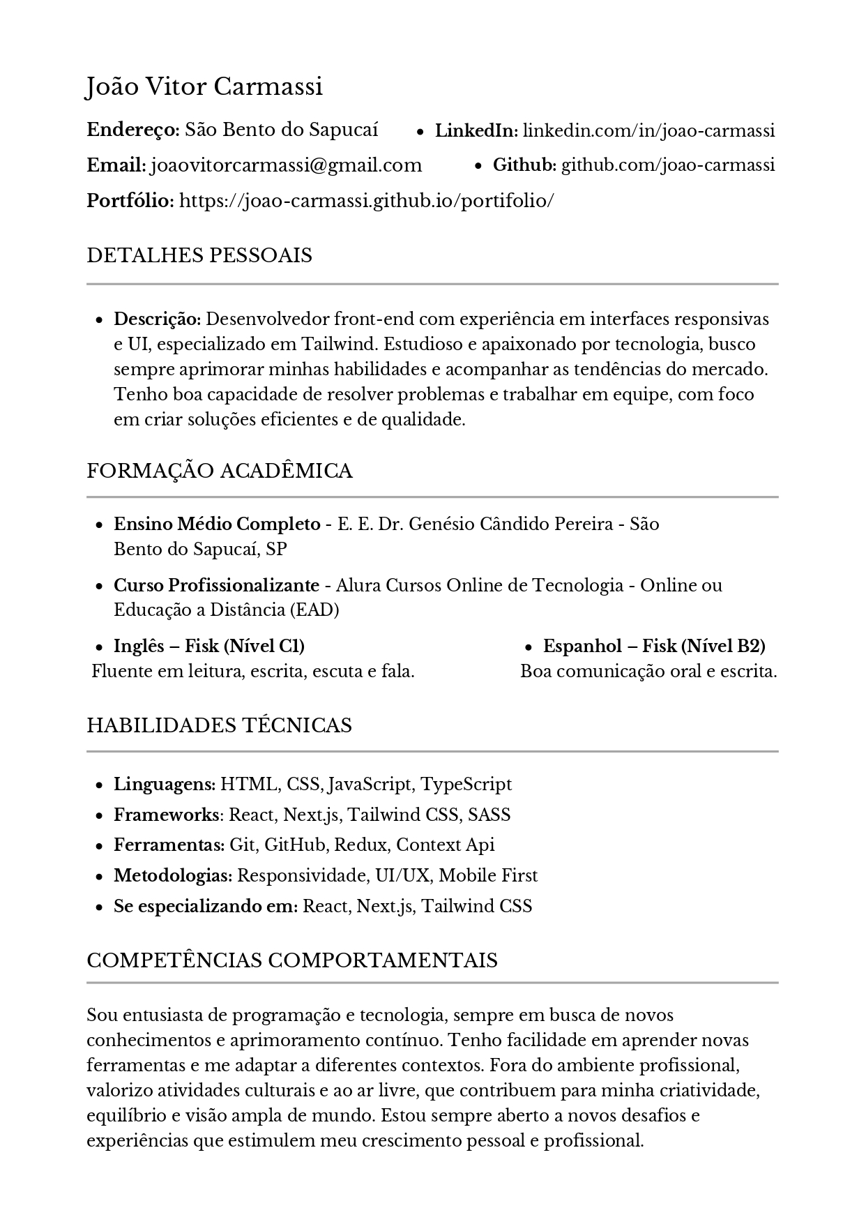 Currículo Profissional em Português